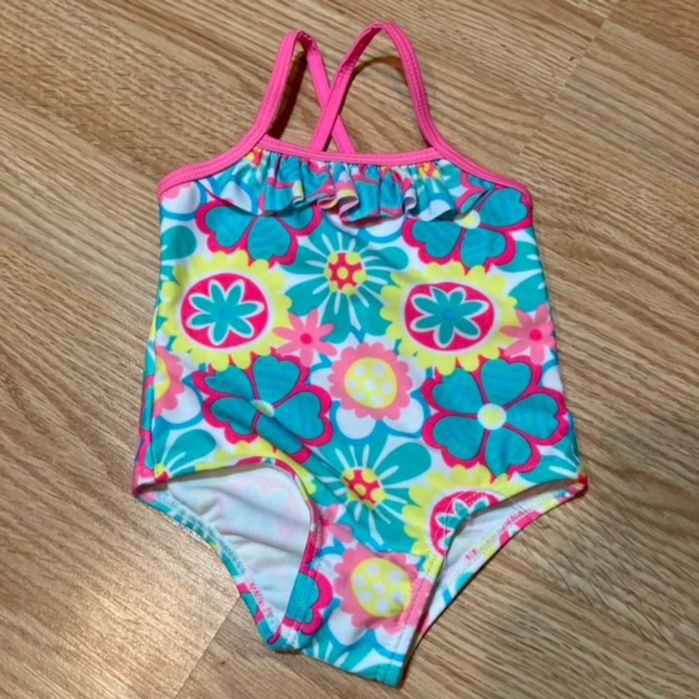 Baby Girls Floral Print One Piece Swimsuit Bathing Suit‎ Pink Trim